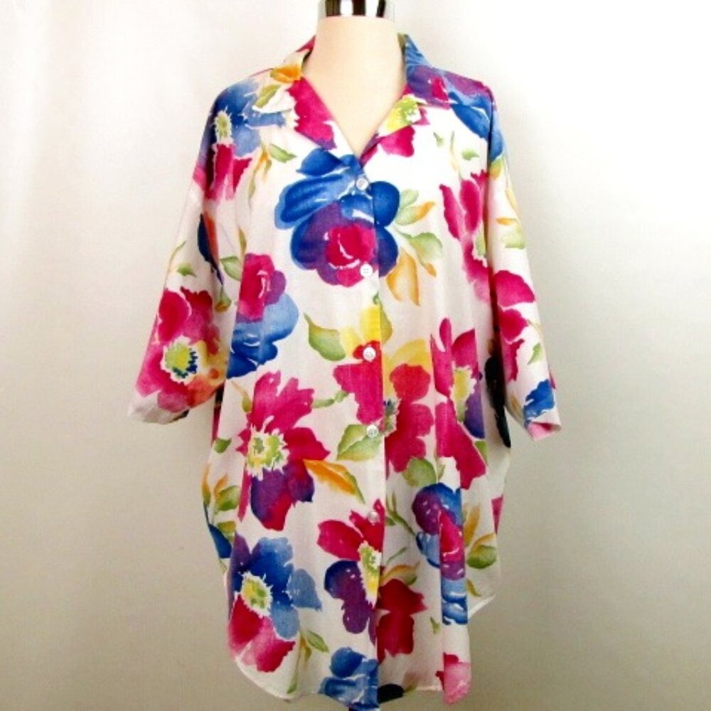 Vintage Women Blouse 22W 42 Large Floral Button Front Short Sleeves Country Boho